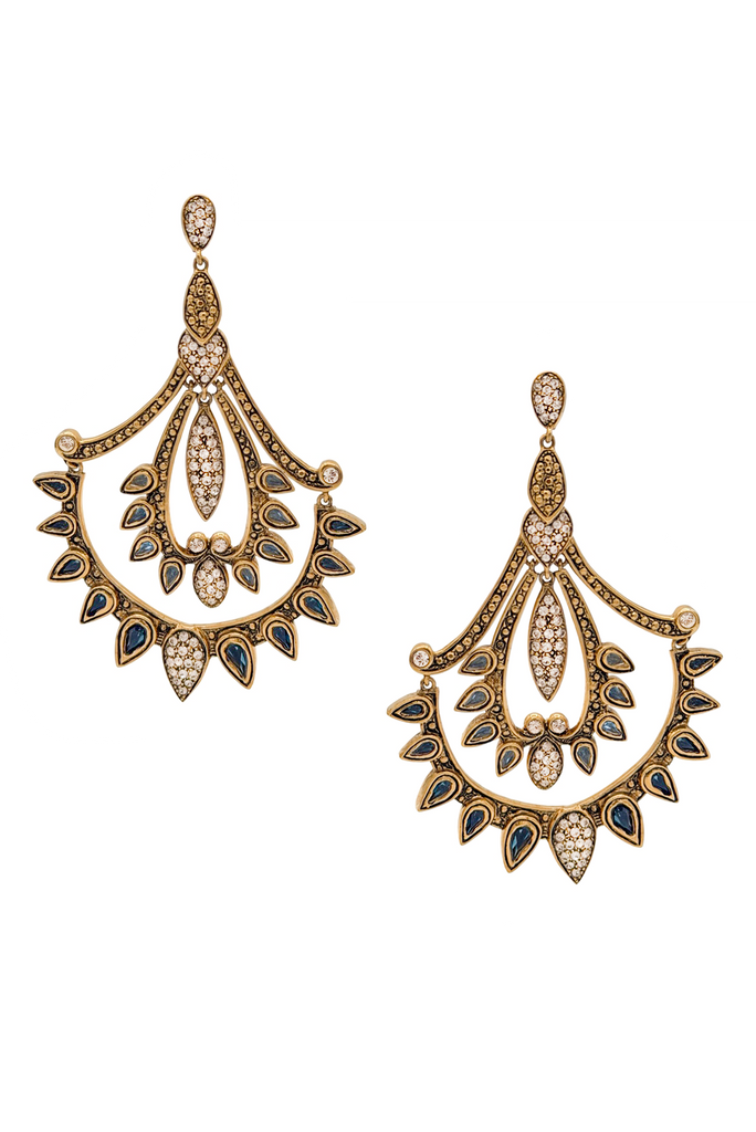Roberto Cavalli Gold Pavé Crsytal Blue Gemstone Spiky Chandelier Earrings