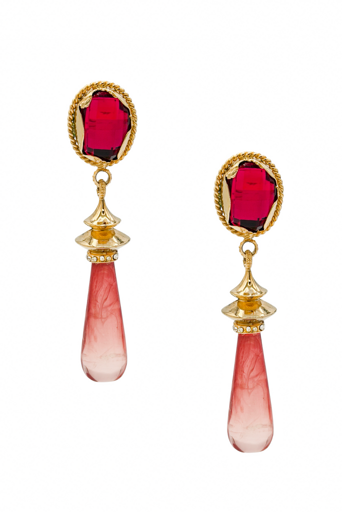 Gianfranco Ferre Gold Pink Gemstone Pavé Crystal Embellished Teardrop Earrings