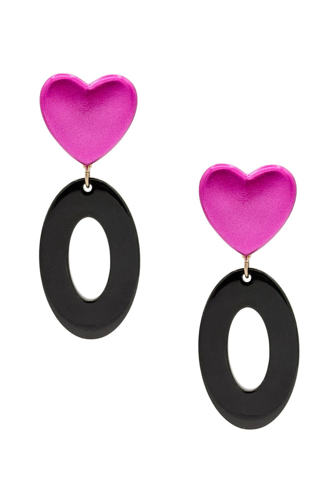 Francine Bramli Pink Black Heart Oval Drop Earrings