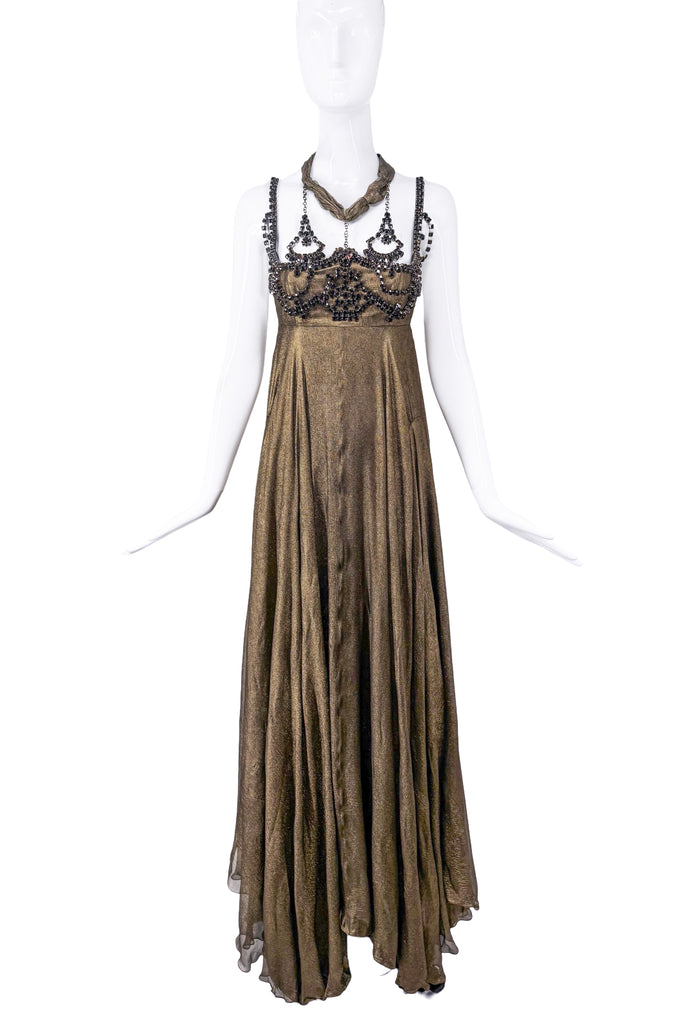 YSL Saint Laurent Gold and Black Crystal Embellished Empire Waist Dress Gown