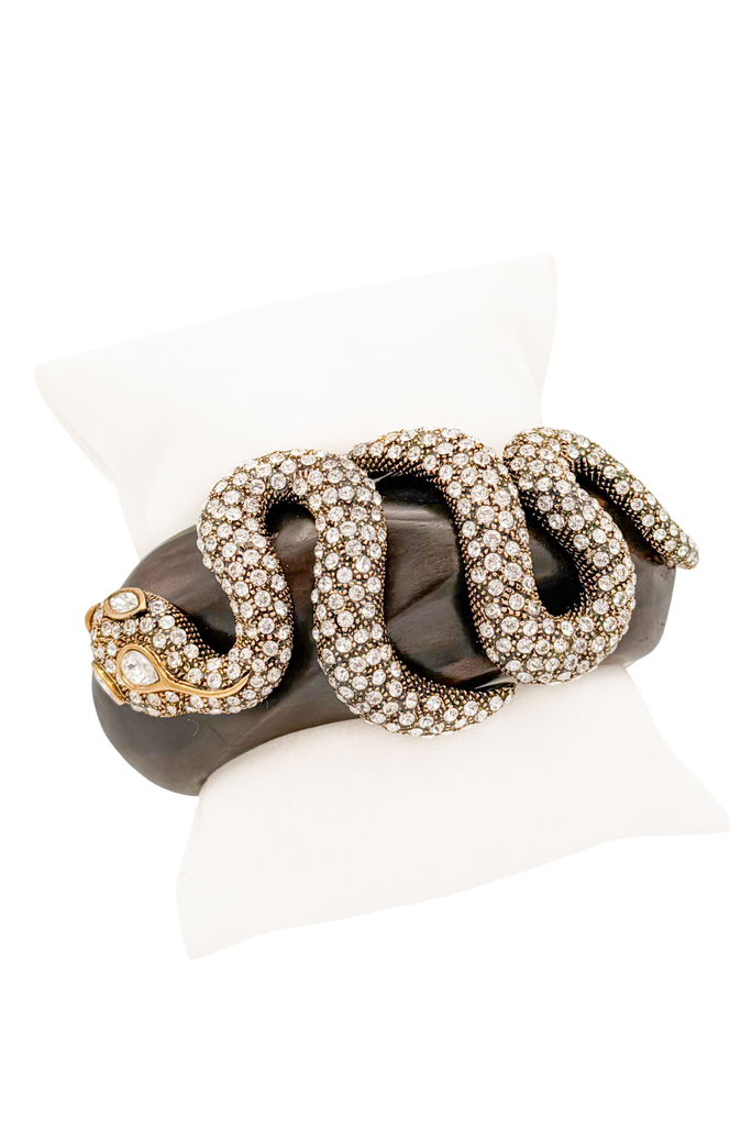 Roberto Cavalli Brown Wood With Crystal Snake Cuff Bracelet