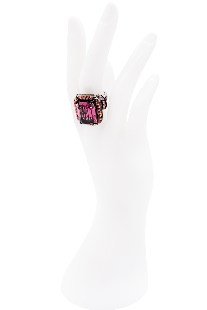Lanvin Blackened Silver Red and Pink Gemstones Cocktail Ring