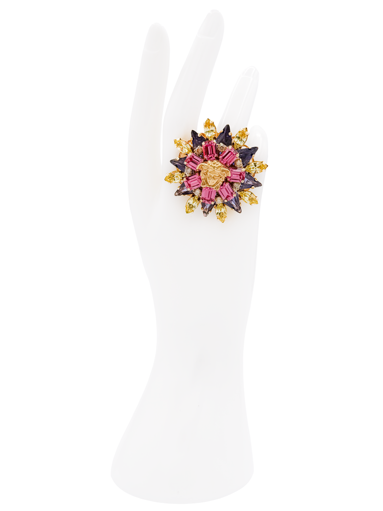 Versace Gold Pink Blue Gemstone Starburst Oversize Ring