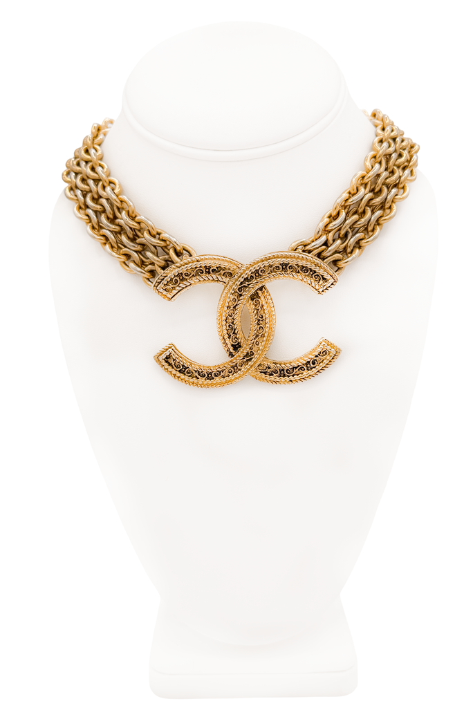 Chanel Gold Three Chain Oversized Logo Pendant Necklace