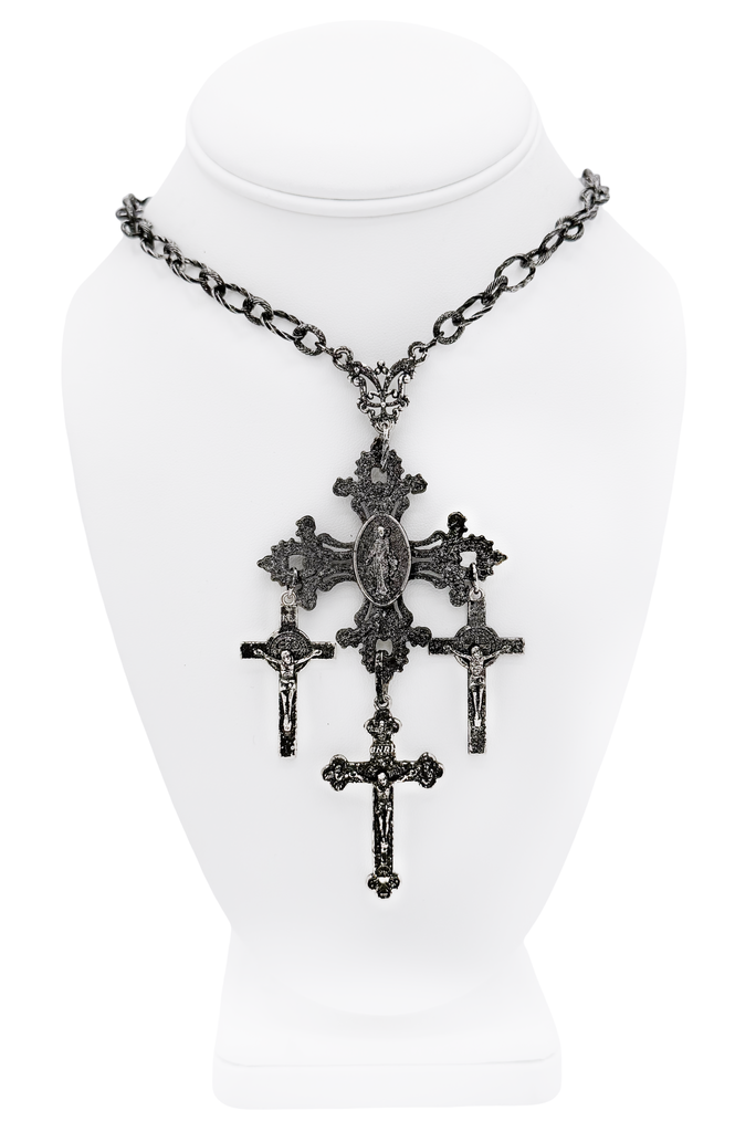 Jean Paul Gaultier Blackened Silver Chain Four Cross Necklace 90s Runway