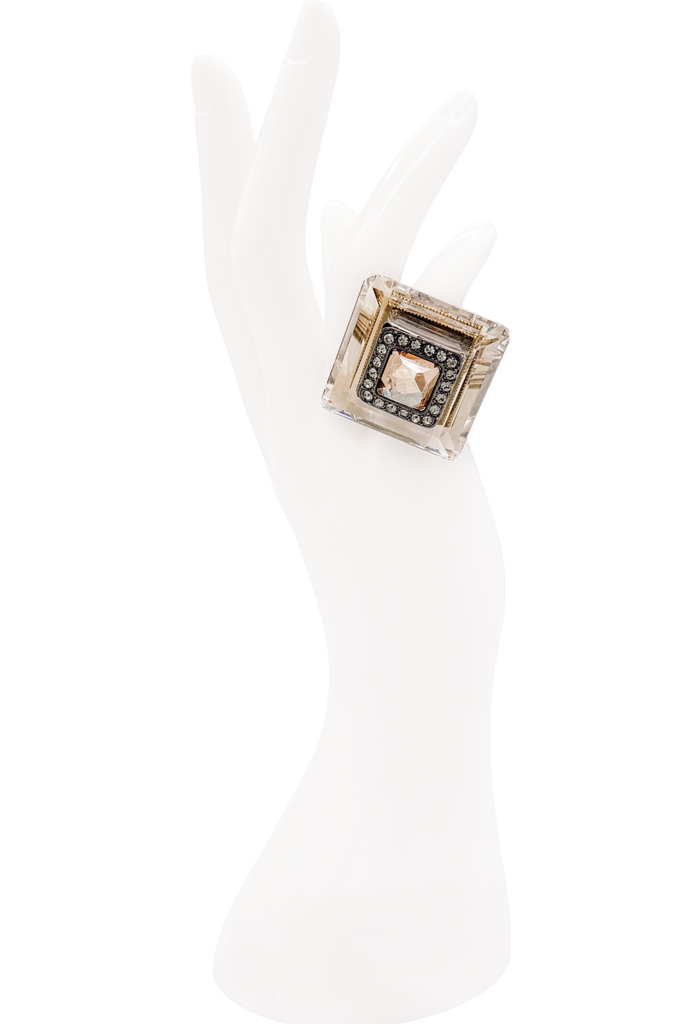 Lanvin Amber Clear Lucite Crystal Oversized Square Ring
