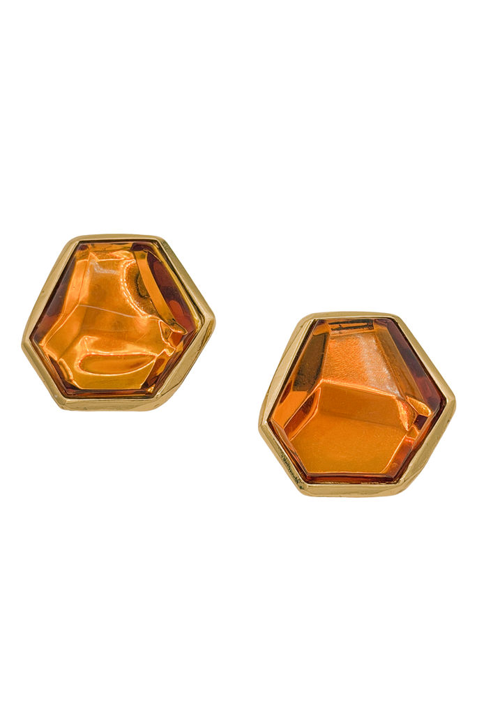 Jean-Louis Scherrer Gold Orange Lucite Geometric Oversized Stud Earrings