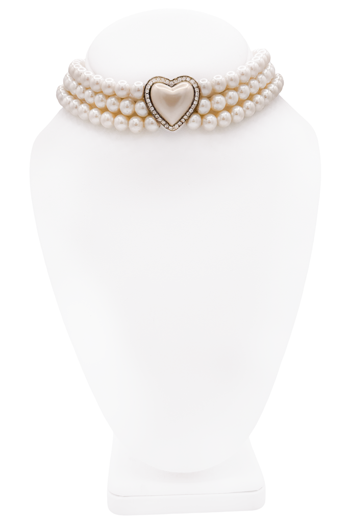 Carolee Three Strand Pearl Heart Pendant Choker Necklace
