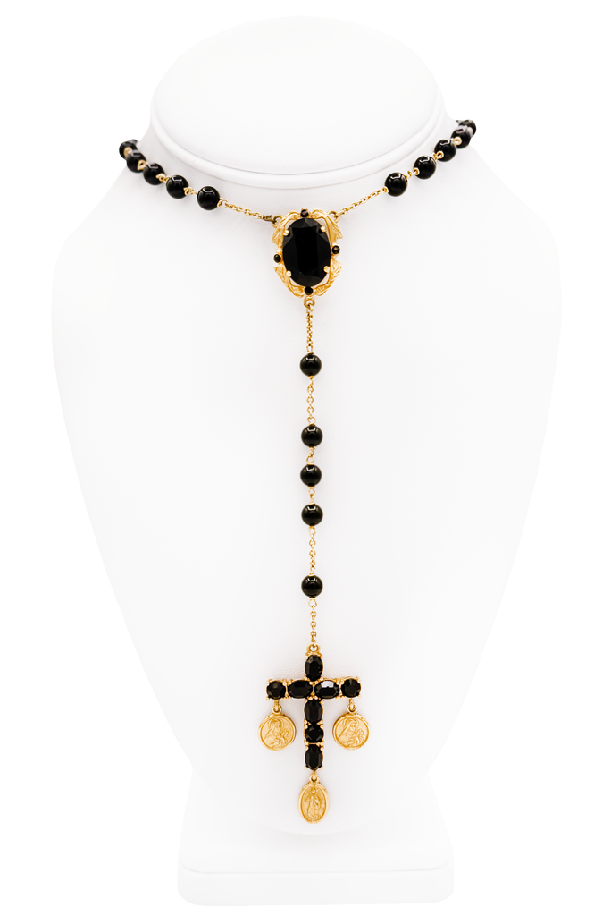 Dolce & Gabanna Gold W/ Black Gemstone Beads Coins Cross Rosary Necklace