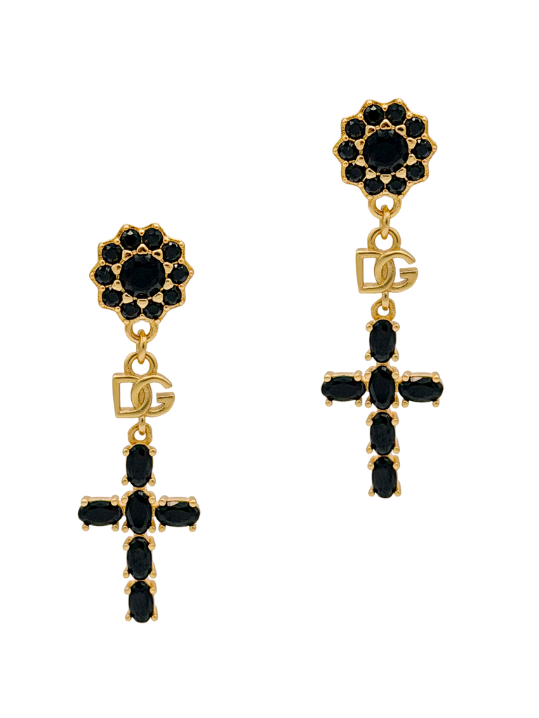 Dolce & Gabanna Gold and Black Rhinestone Flower Cross DG Logo Earrings
