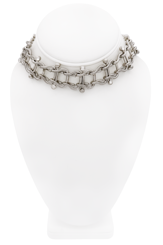 Aniye Records Silver Crystal Barbell Link Choker Necklace