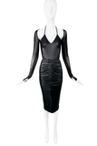 Versace Black Ruched Mesh Sleeves Belt Cut Out Midi Dress