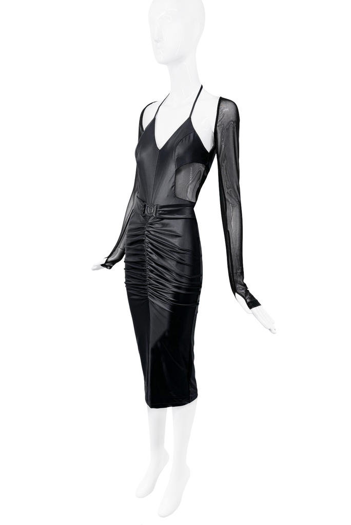 Versace Black Ruched Mesh Sleeves Belt Cut Out Midi Dress