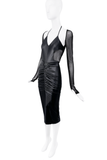 Versace Black Ruched Mesh Sleeves Belt Cut Out Midi Dress