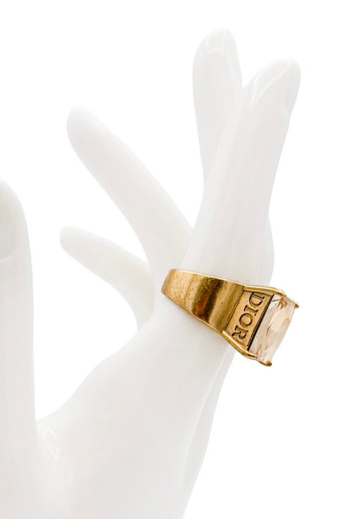 Christian Dior Gold Rhinestone Crystal Logo Statement Ring