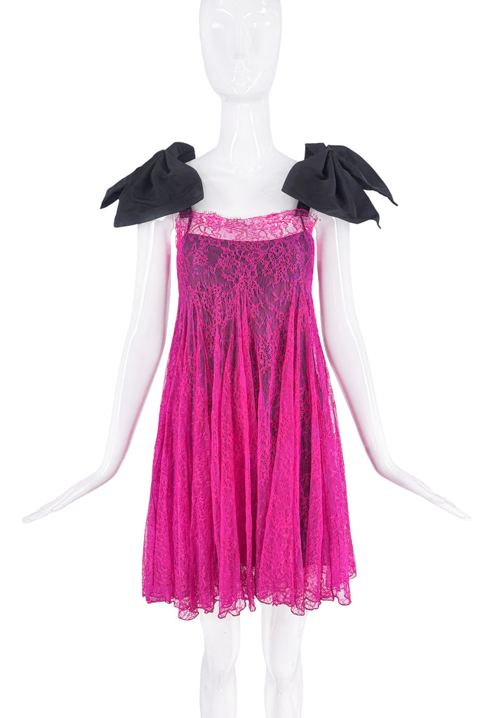 Nina Ricci Hot Pink Lace Black Oversized Bow Shoulder Dress