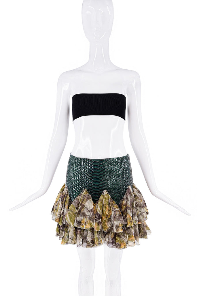 Mia Vesper Green Yellow Snake Patent Chiffon Abstract Print Ruffle Skirt