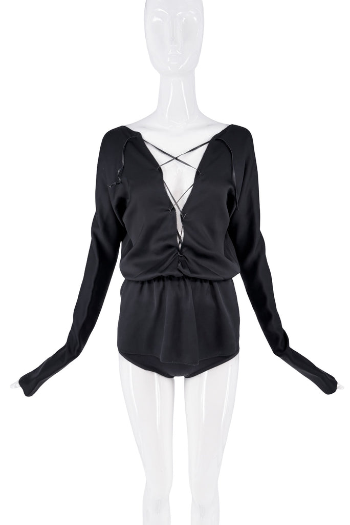 Gucci Black Silk Satin Longsleeve Plunging Neckline Blouse FW2002