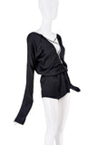 Gucci Black Silk Satin Longsleeve Plunging Neckline Blouse FW2002