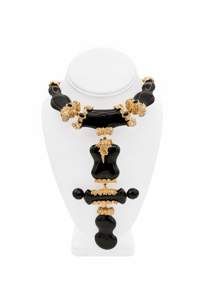 Christian Lacroix Gold Black Enamel Geometric Sculptural XL Pendant Necklace
