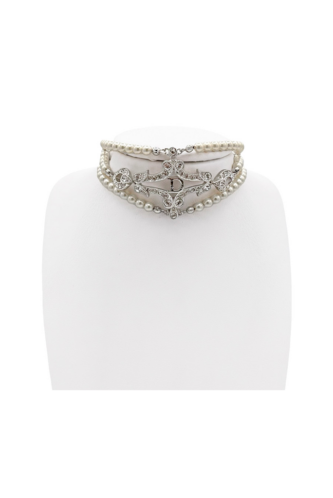 Christian Dior Silver Pavé Crystal Pearl Logo Leaf Embellished Choker Necklace