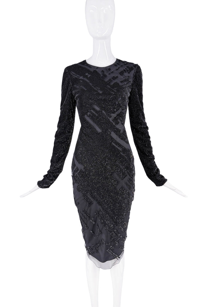 Mugler Black Sequin Pattern Sheer Longsleeve Bodycon Midi Dress