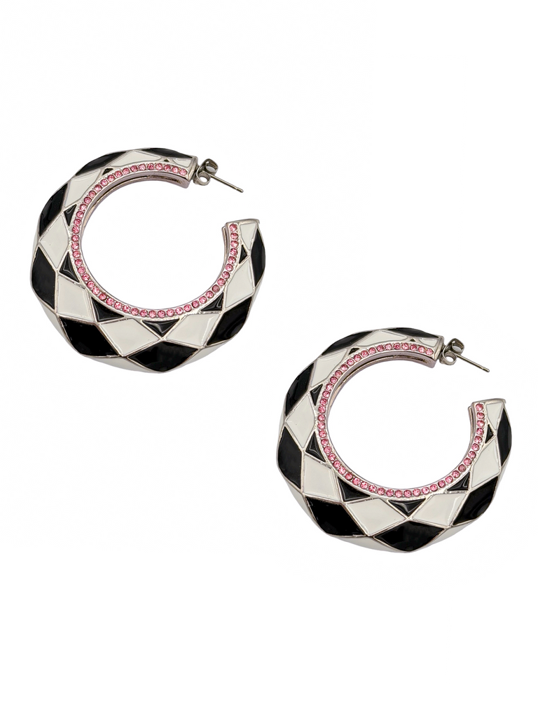 Balmain Black and White Pattern Pink Pavé Crystal Geometric Hoop Earrings