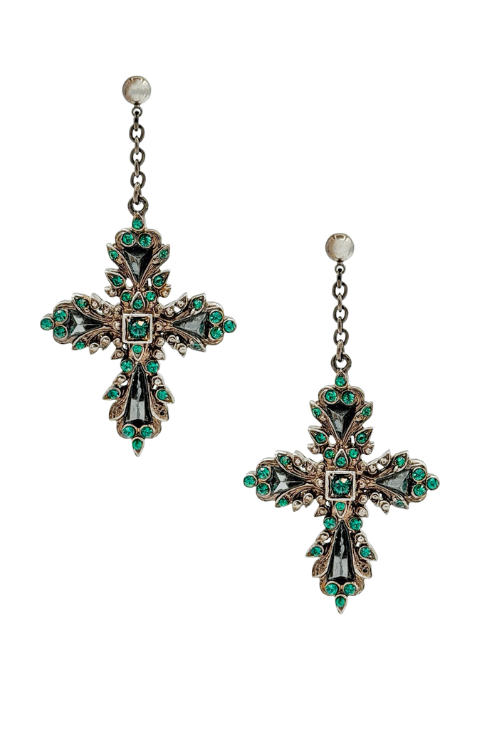 Roberto Cavalli Silver Green Crystal Gemstone Embellished Cross Earrings