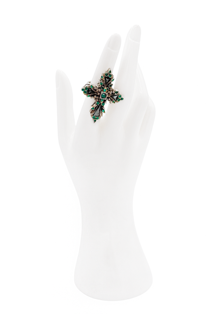 Roberto Cavalli Silver Green Crystal Gemstone Embellished Cross Ring