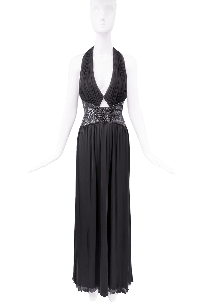 Roberto Cavalli Black Silk Sequin Corset Waist Cut Out Halter Neck Dress Gown