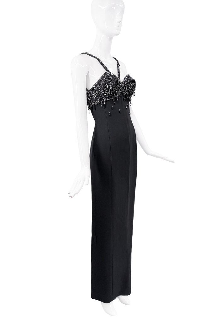 Versace Black Satin Crystal Embellished Dress Gown