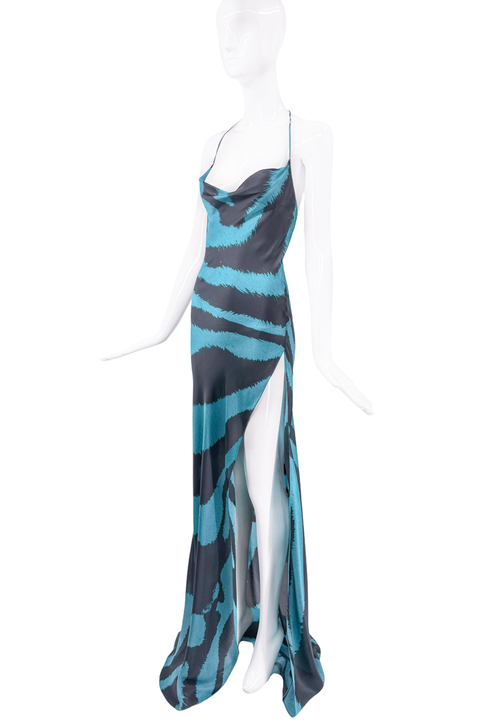Roberto Cavalli Black & Blue Zebra Print High Slit Gown FW2000