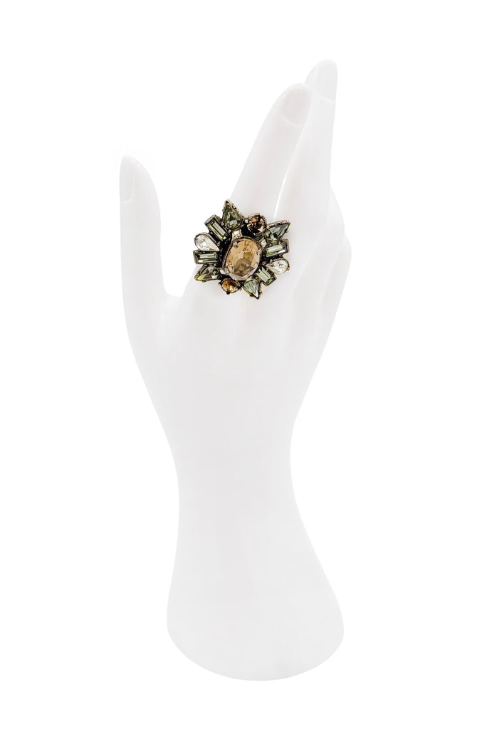 Lanvin Green Orange Clear Crystal Gemstone Geometric Statement Ring