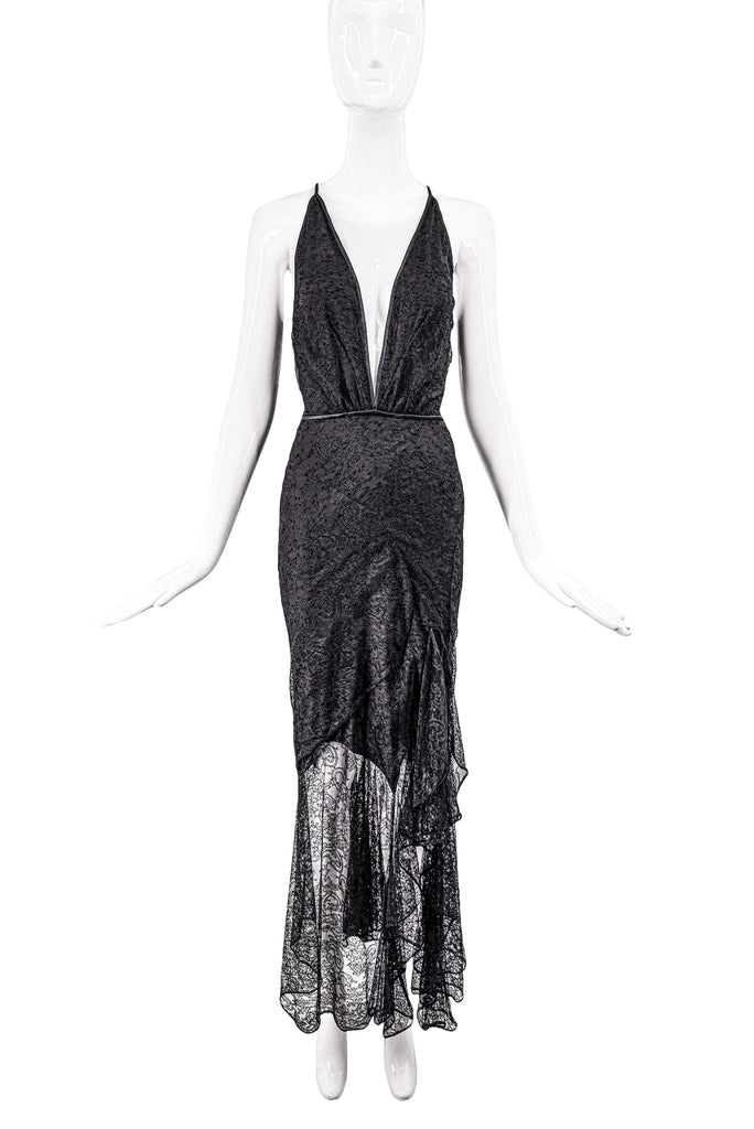 Tom Ford Black Lace Ruffle Plunging V Neck Dress Gown