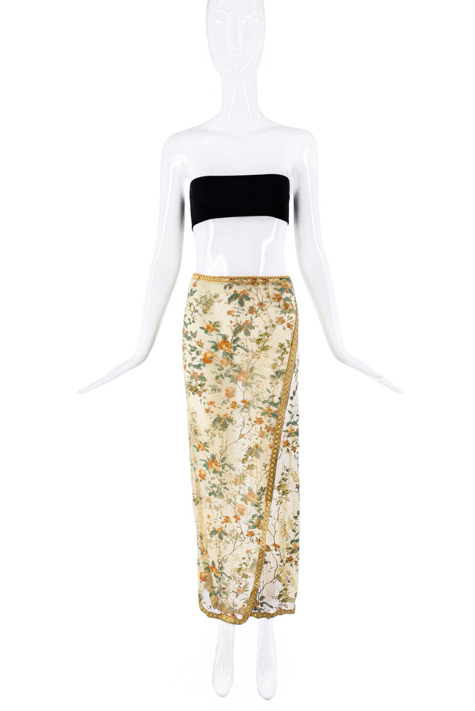 Roberto Cavalli Gold Green Orange Sheer Beaded Embroidered Flower Wrap Skirt