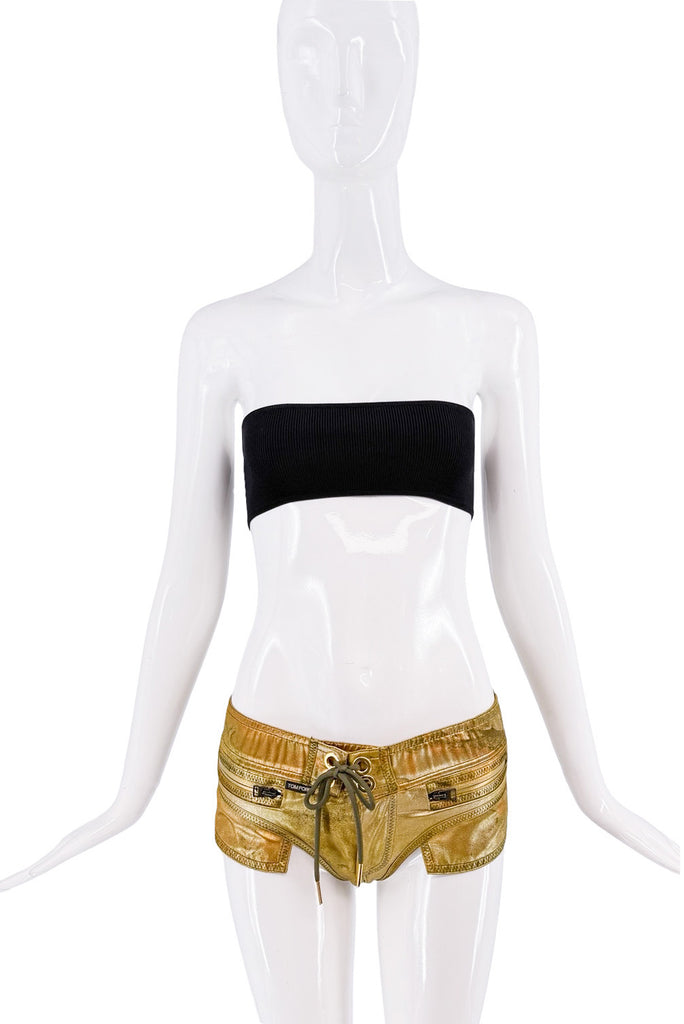 Tom Ford Gold Metallic Lace Up Exposed Pockets Micro Mini Shorts