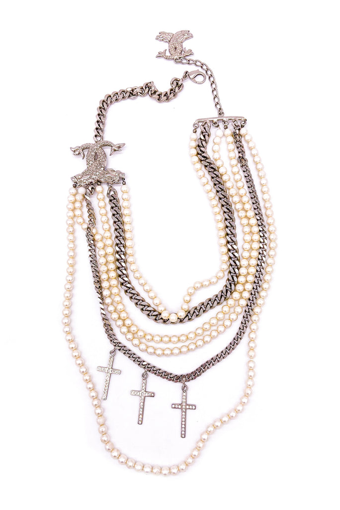 Fausto Puglisi Pearl and Chain Diamanté Cross Necklace