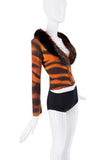 Roberto Cavalli Orange Brown Fur Collar Ball Ring Button Sweater