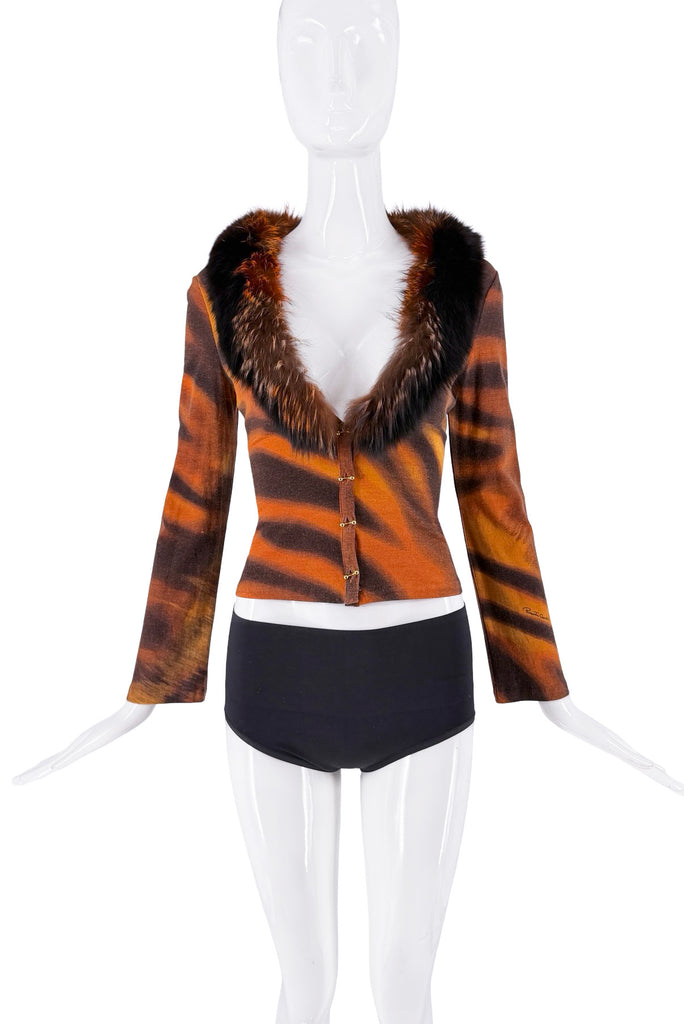 Roberto Cavalli Orange Brown Fur Collar Ball Ring Button Sweater