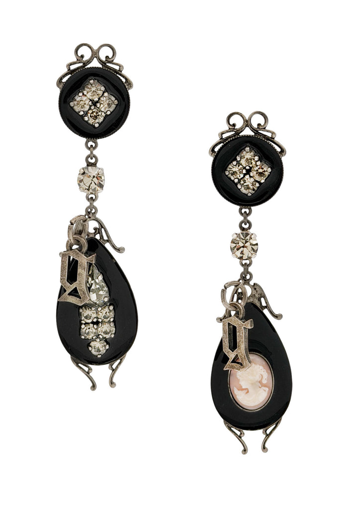 John Galliano Silver Black Pink Enamel Portrait Crystal Rhinestones logo Drop Embellished Earrings