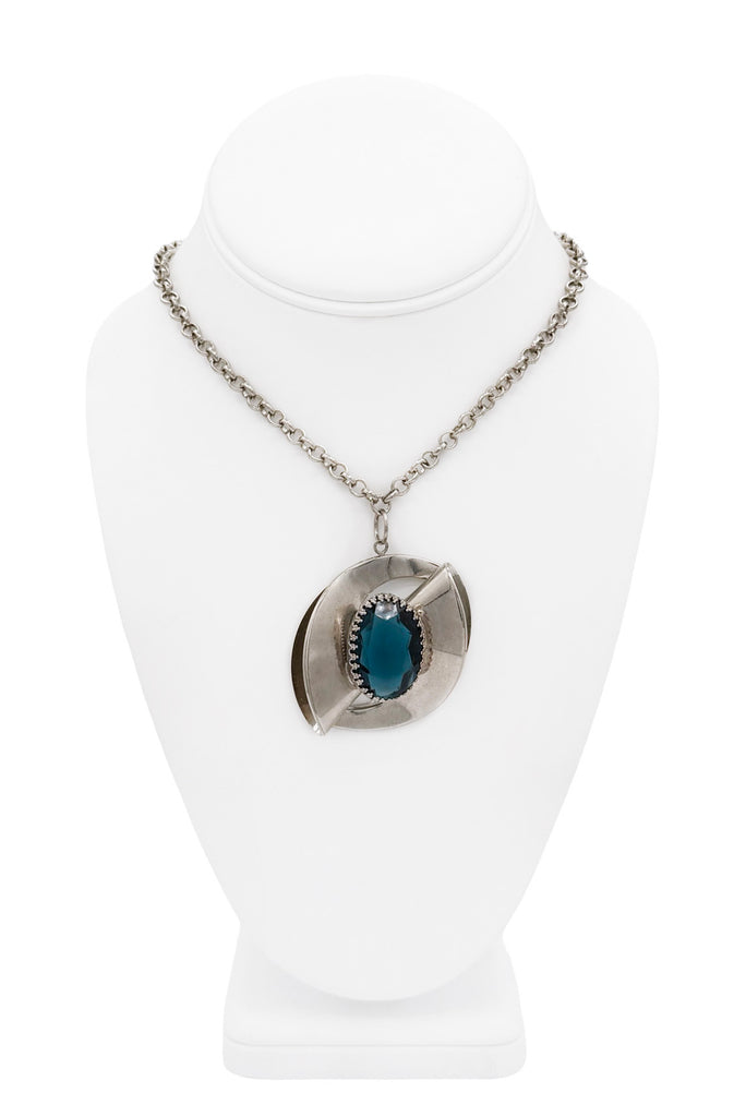 Vintage Silver Blue Gemstone Abstract Geometric Pendant Chain Necklace