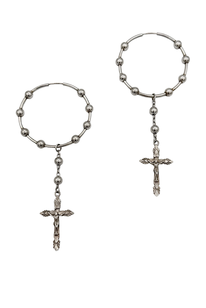 Dolce & Gabbana Silver Ball Chain Drop Rosary Cross Hoop Earrings