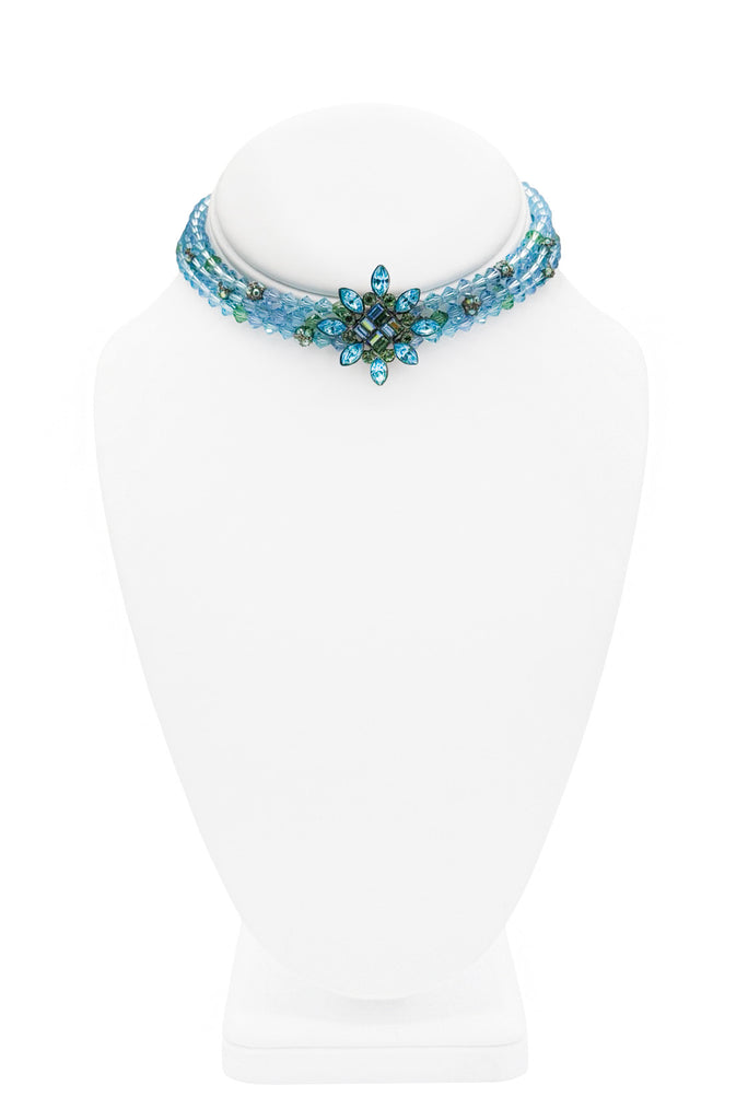 Givenchy Blue Multi Layer Beaded Flower Pendant Choker Necklace