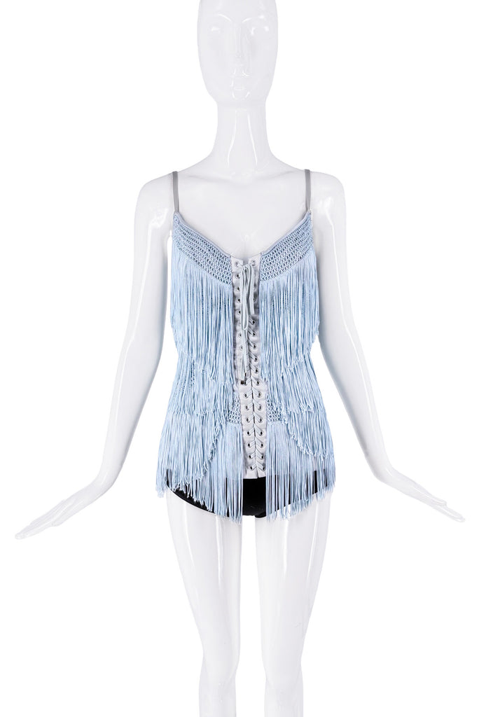 Dolce & Gabbana Blue Fringe Lace Up Tank Top