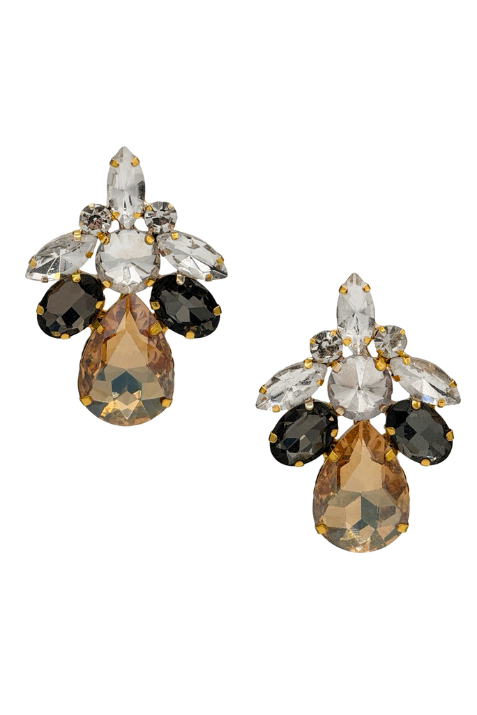 Vintage Gold Clear Black Orange Gemstone Cluster Stud Earrings