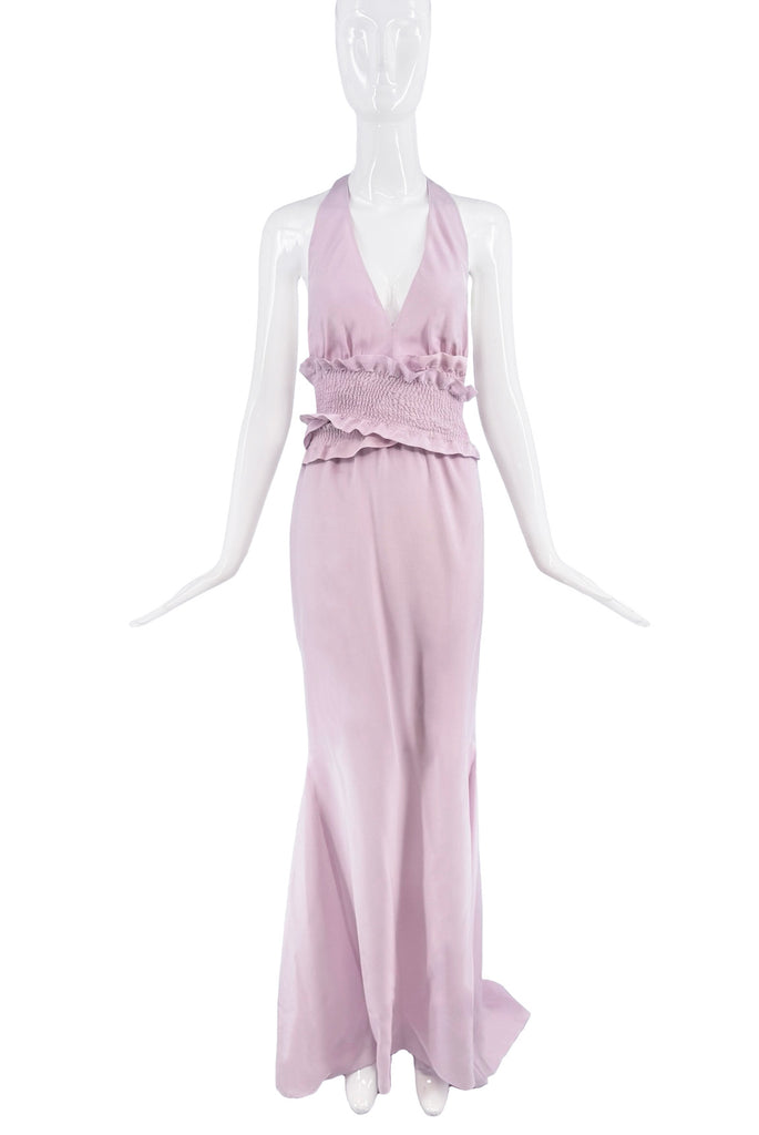 Fendi Purple Silk Ruffle Belt Train Halter Dress Gown