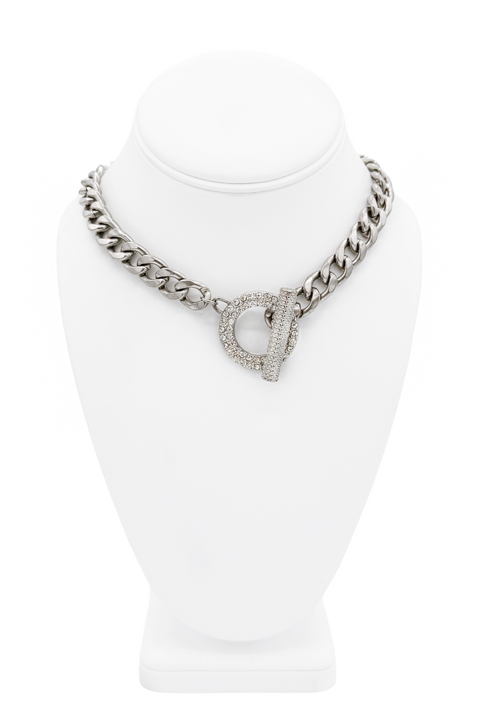 Vintage Silver Chain Pavé Crystal Toggle Necklace