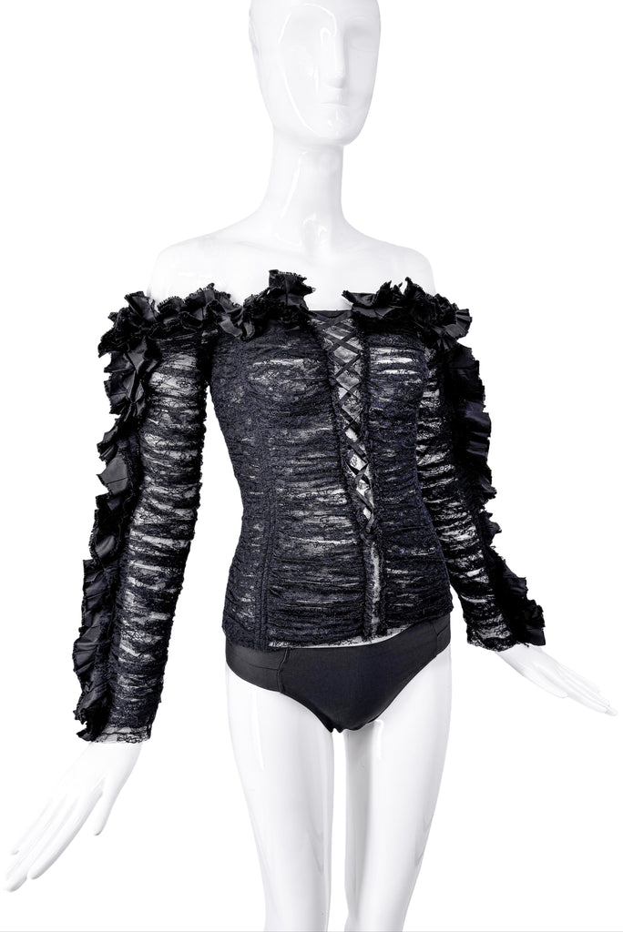 Roberto Cavalli Black Ruffle Lace Off Shoulder Corset Top Spring 2016