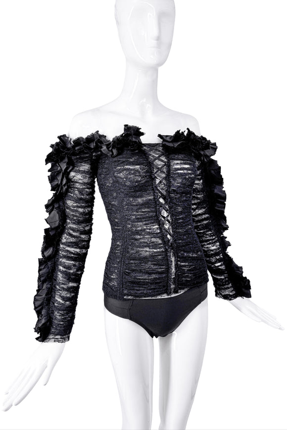 Roberto Cavalli Black Ruffle Lace Off Shoulder Corset Top Spring 2016