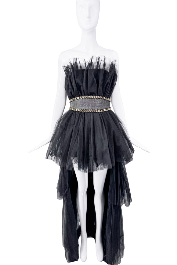 Vintage Black Tulle Sleeveless Cascading Train Dress W/ Balmain Belt